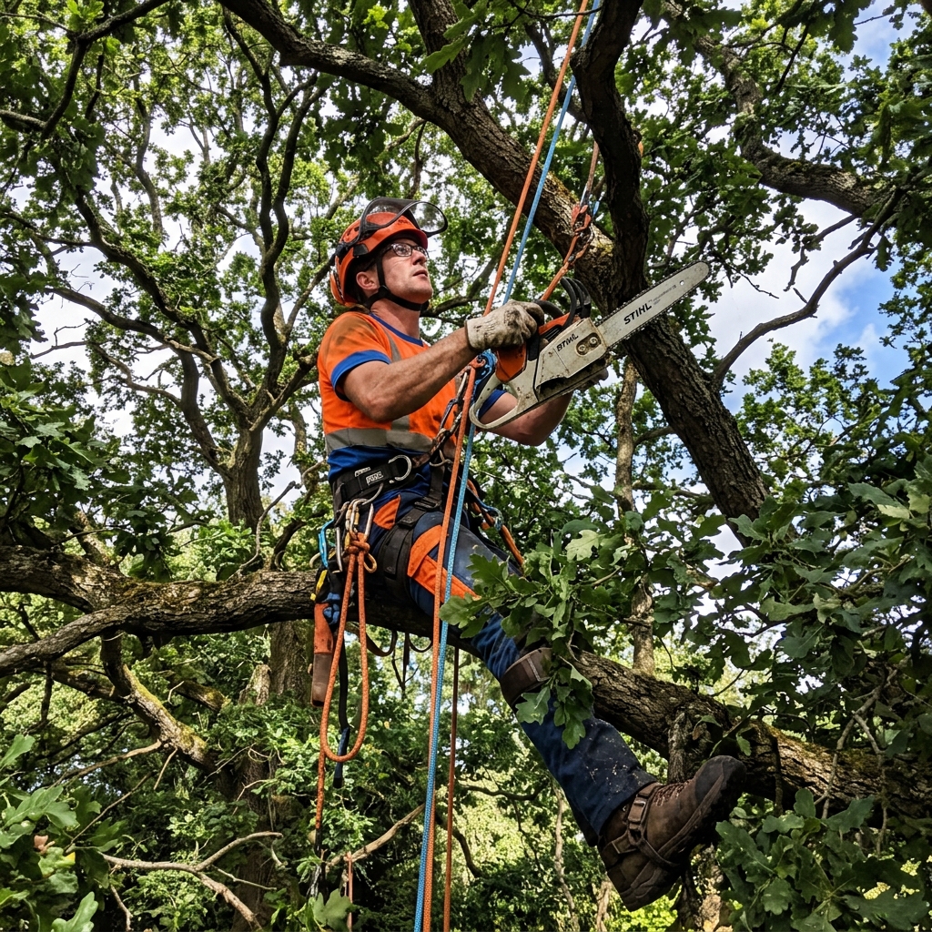 Élagueur coupant un grand arbre à la tronçonneuse en hauteur